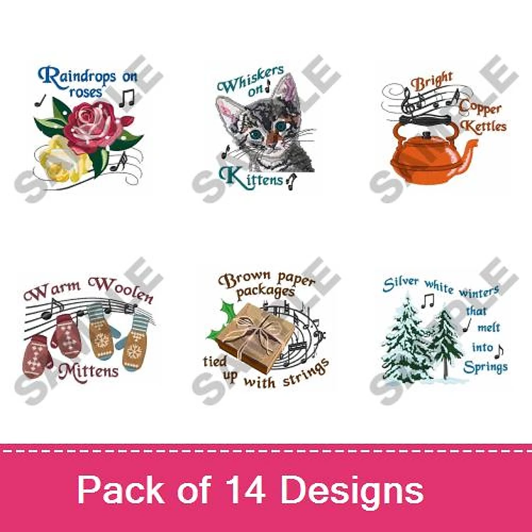 Seasonal & Cozy Embroidery Designs Bundle – Raindrops on Roses, Whiskers on Kittens, Warm Woolen Mittens & More (14 Designs)