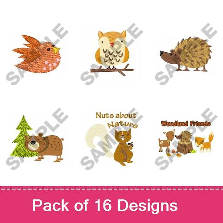 Woodland Animals Embroidery Bundle – Cardinal Bird, Owl, Hedgehog, Squirrel with Acorn & More (16 Designs)