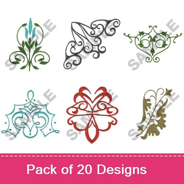 Decorative Flourishes Embroidery Designs Bundle – Floral Swirls, Ornamental Accents & More (20 Designs)