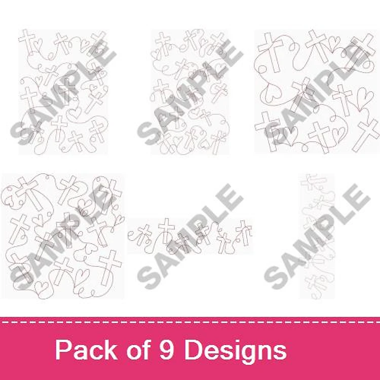 Redwork Cross & Heart Embroidery Designs Bundle – Outline Designs with Curves, Swirls, Intertwined Crosses & More (9 Designs)