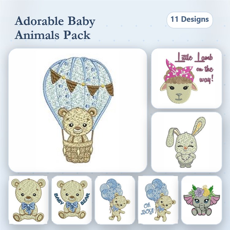 Adorable Baby Animals Embroidery Designs Bundle – Bear in Hot Air Balloon, Baby Elephant, Baby Bunny & More (11 Designs)