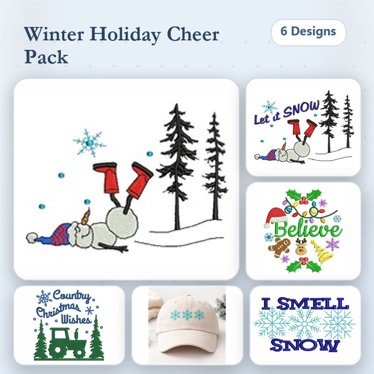 Snowman & Tractor Winter Holiday Embroidery Designs Bundle – Snowman with Red Boots, Let It Snow, Believe & More (6 Designs)