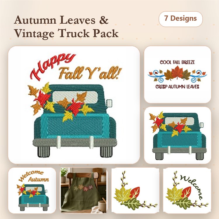 Autumn Themed Truck Embroidery Designs Bundle – Vintage Truck with Leaves, Happy Fall Y'all, & More (7 Designs)