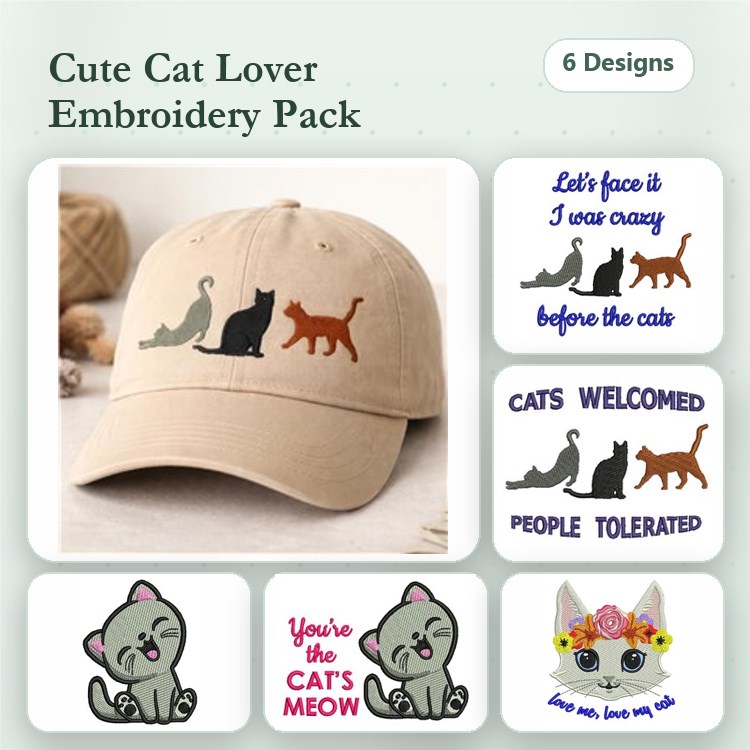 Cat Lovers Embroidery Designs Bundle – Silhouette Cat Group, Playful Cat, You're the Cat's Meow & More (6 Designs)