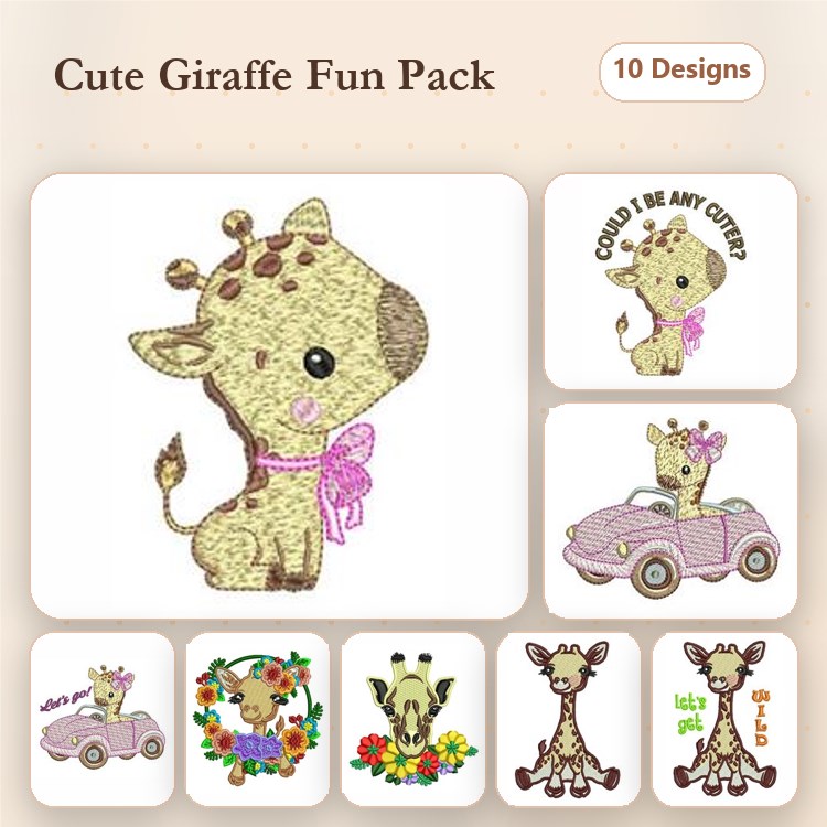 Cute Giraffe Embroidery Designs Bundle – Giraffe with Bow, Giraffe in Pink Car, Giraffe with Flowers & More (10 Designs)