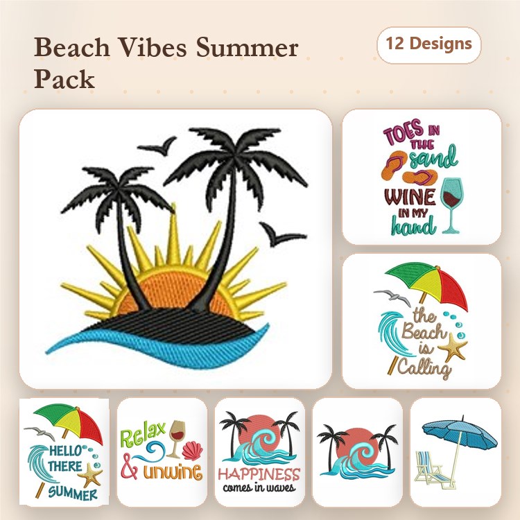 Beach-themed Summer Embroidery Designs Bundle – Sunset with Palm Trees, Beach Umbrella, Cocktail Glass & More (12 Designs)