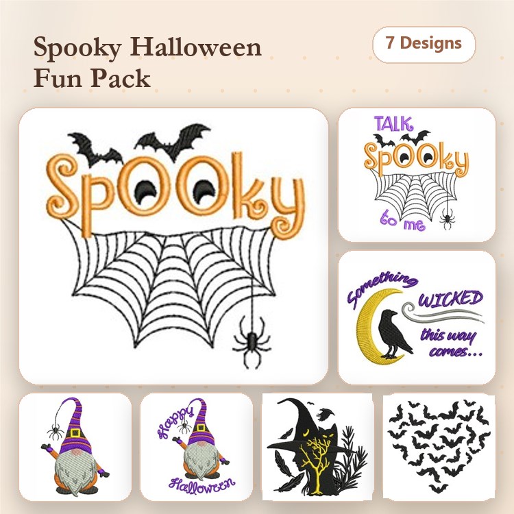 Halloween Embroidery Designs Bundle – Spooky Spider Web, Happy Halloween Gnome, Witch Silhouette & More (7 Designs)