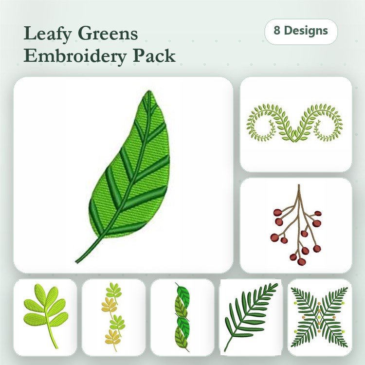 Leaf & Fern Embroidery Designs Bundle – Large Leaf, Fern Frond, Berries and Branch & More (8 Designs)