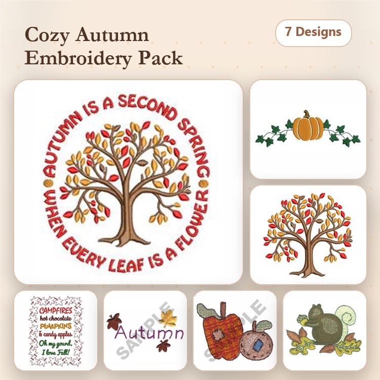 Autumn Decorations Embroidery Designs Bundle – Colorful Trees, Pumpkins, Gray Squirrel & More (7 Designs)