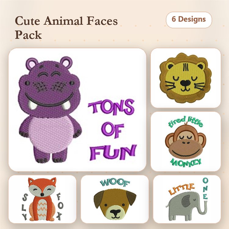 Cute Animal Faces Embroidery Bundle – Hippo, Lion, Monkey, Fox & More (6 Designs)