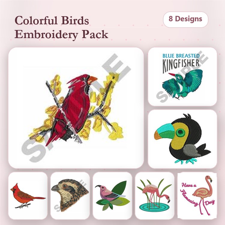 Colorful Birds Embroidery Designs Bundle – Cardinal, Kingfisher, Toucan & More (8 Designs)