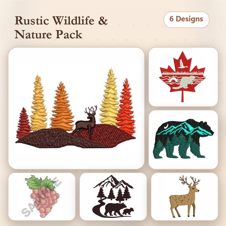 Wildlife and Nature Scenes Embroidery Bundle – Deer with Trees, Bear with Mountains, Maple Leaf & More (6 Designs)