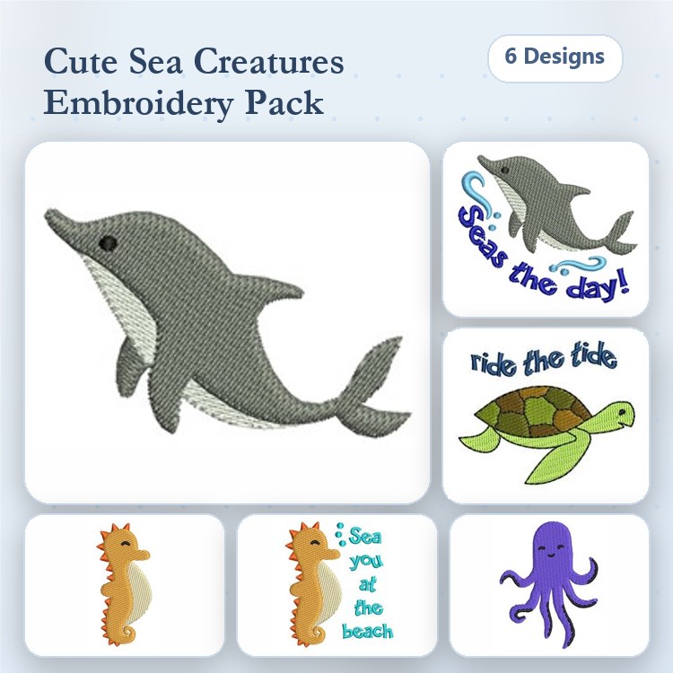 Cute Sea Creatures Embroidery Designs Bundle – Dolphin, Turtle, Seahorse, Octopus & More (6 Designs)