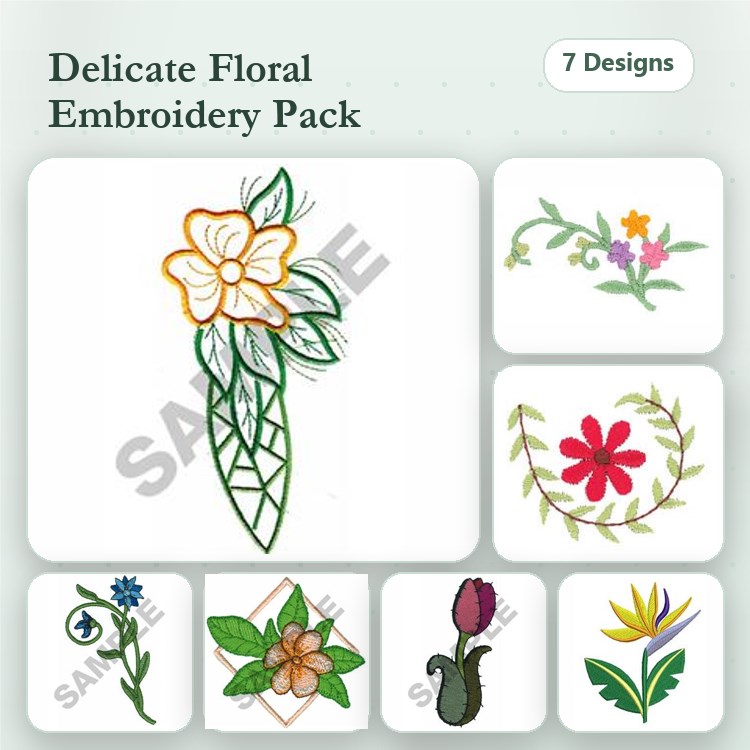 Floral Embroidery Designs Bundle – Flower with Leaf, Floral Vine, Colorful Flower & More (7 Designs)