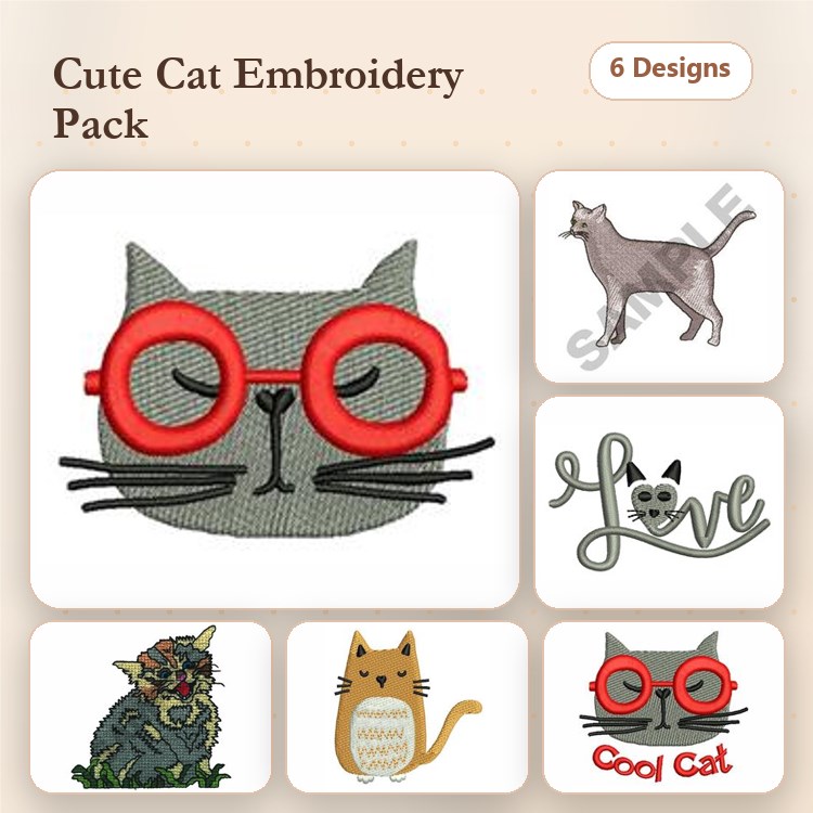 Cute Cat Embroidery Designs Bundle – Cat with Glasses, Sitting Cat, Playful Cat & More (6 Designs)