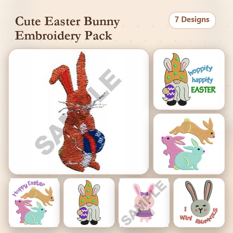 Easter Bunnies Embroidery Designs Bundle – Easter Bunny with Eggs, Colorful Bunny, Bunny with Basket & More (7 Designs)