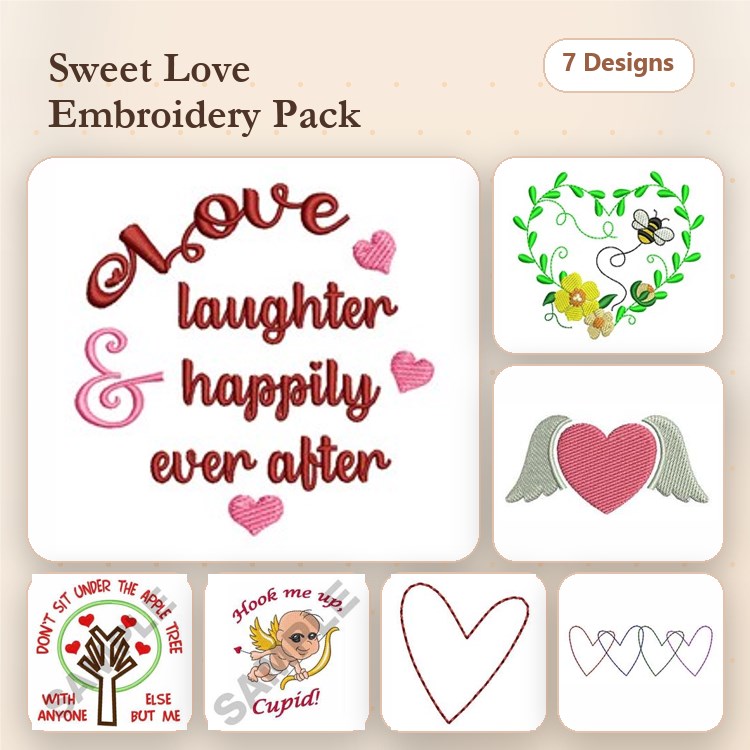 Love & Laughter Embroidery Designs Bundle – Floral Heart, Cupid with Quote, Interlocking Hearts & More (7 Designs)