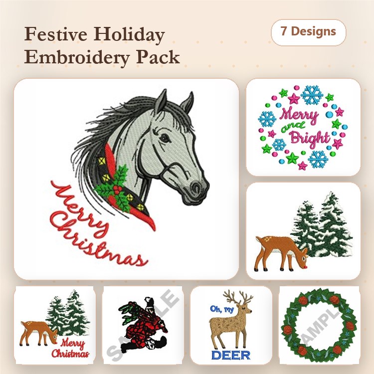 Festive Holiday Themes Embroidery Designs Bundle – Horse with Christmas Decorations, Merry Christmas Wreath & More (7 Designs)
