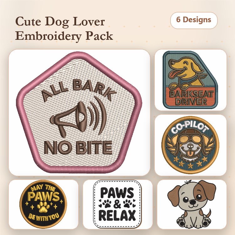 Dog Lover Embroidery Bundle – Fun Patches (6 Designs)