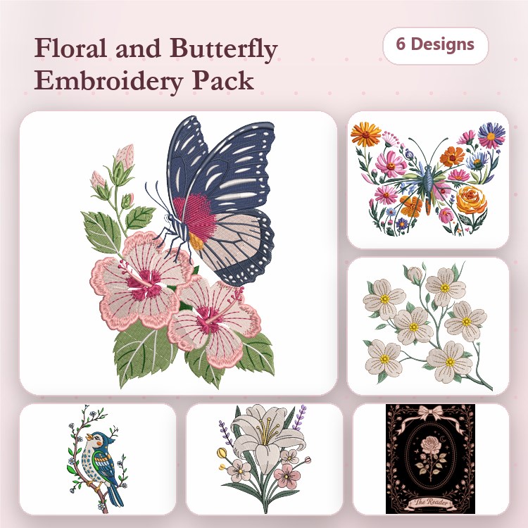 Monarch Butterfly & Floral Embroidery Bundle – Beautiful Floral Designs (6 Designs)