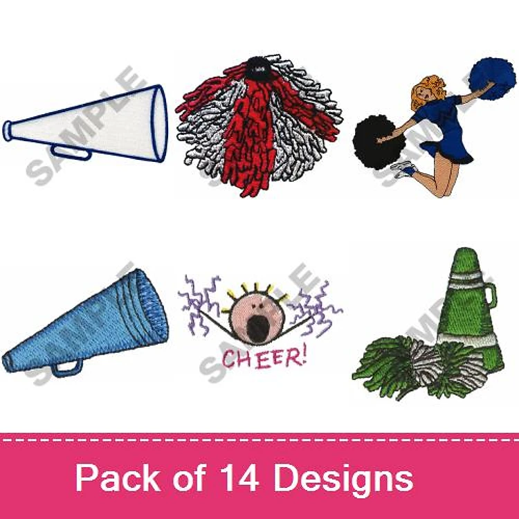 Cheerleading Elements Embroidery Designs Bundle – Cheerleader with Pom Poms, Megaphones, Cheer Word Art & More (14 Designs)