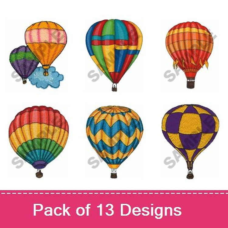 Colorful Hot Air Balloons Embroidery Designs Bundle – Striped, Checkered, Chevron & More (13 Designs)