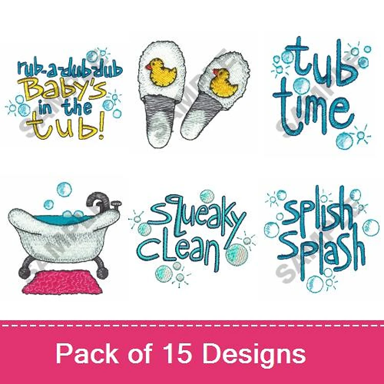 Baby Bath Time Embroidery Designs Bundle – Squeaky Clean, Duck Slippers, Tub Time & More (15 Designs)