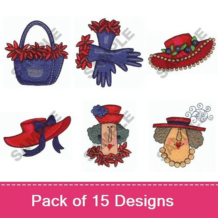 Fashion Accessories Embroidery Bundle – Flower Basket, Red Sun Hat, Lady with Hat & More (15 Designs)