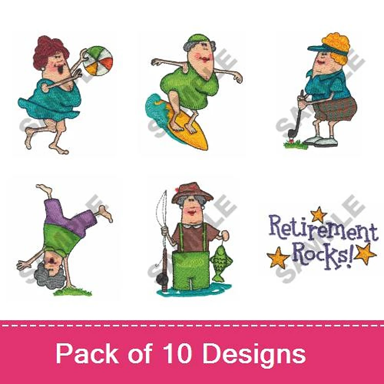 Retirement Fun Embroidery Bundle – Woman with Beach Ball, Surfer, Man in Golf Cap & More (10 Designs)