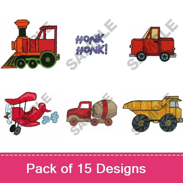 Vehicle-Themed Embroidery Designs Bundle – Steam Engine, Red Pickup Truck, Airplane & More (15 Designs)