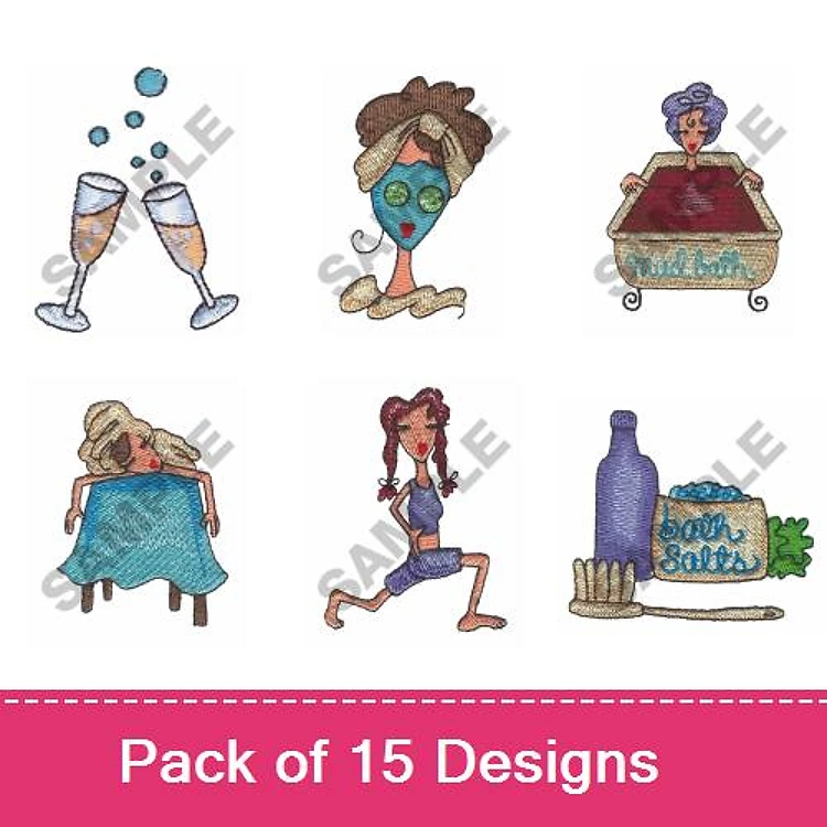 Spa & Relaxation Embroidery Designs Bundle – Woman with Face Mask, Woman in Bathtub, Bath Salts Bottle & More (15 Designs)