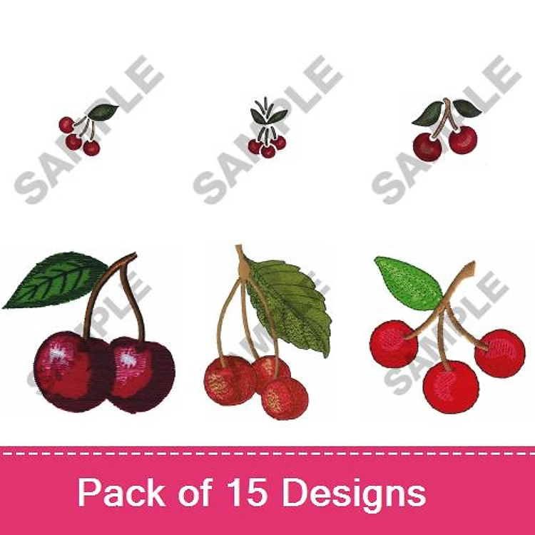 Cherry Embroidery Designs Bundle – Single Cherry, Cherry Cluster, Cherry with Leaf & More (15 Designs)