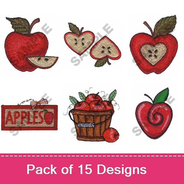 Apple-Themed Embroidery Designs Bundle – Red Apple with Bite, Whole Apple, Basket of Apples & More (15 Designs)