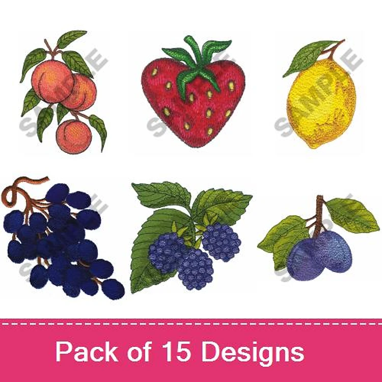 Fruit Embroidery Designs Bundle – Peach, Strawberry, Lemon, Bunch of Grapes & More (15 Designs)