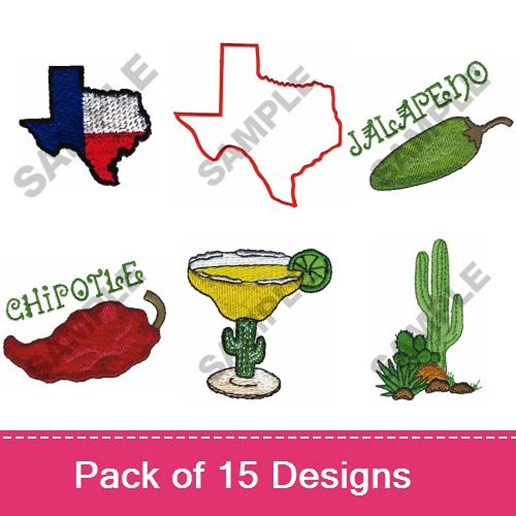 Texas-Themed Food & Culture Embroidery Designs Bundle – Texas Outline with Flag, Margarita Glass, Cactus & More (15 Designs)