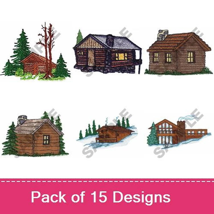 Cabin and Lodge Embroidery Designs Bundle – Log Cabin, Lakeside Cabin, Wooden Lodge & More (15 Designs)