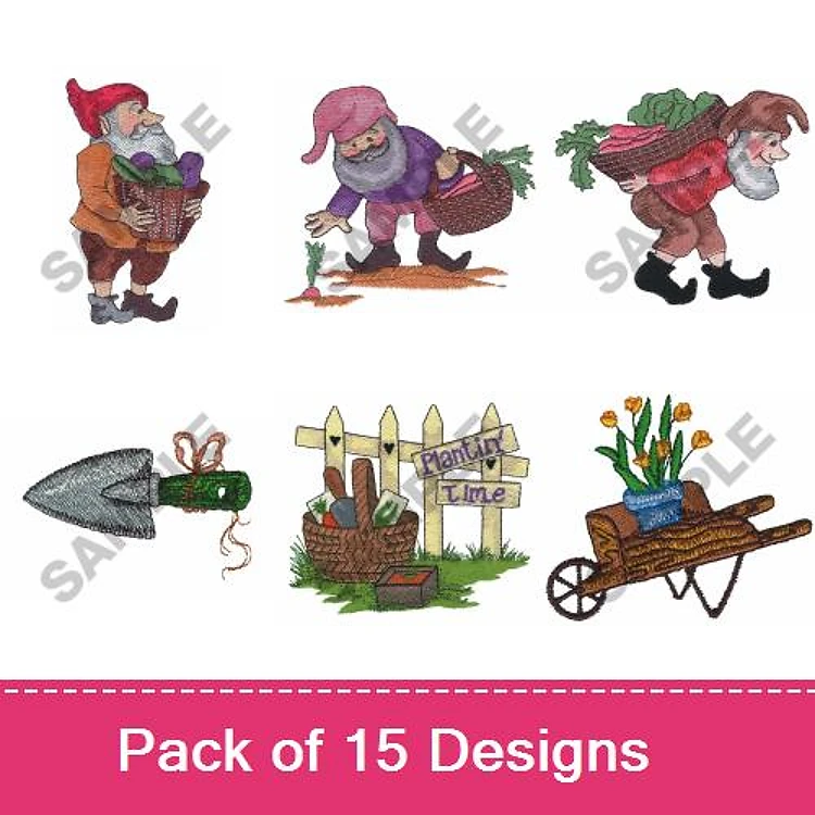 Garden Gnomes & Tools Embroidery Designs Bundle – Gnome with Basket, Trowel, Fence with Sign & More (15 Designs)