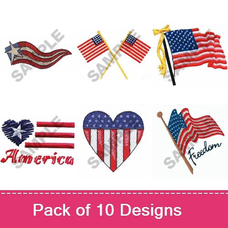 Patriotic American Themes Embroidery Designs Bundle – American Flag, Heart with Flag, Freedom & More (10 Designs)