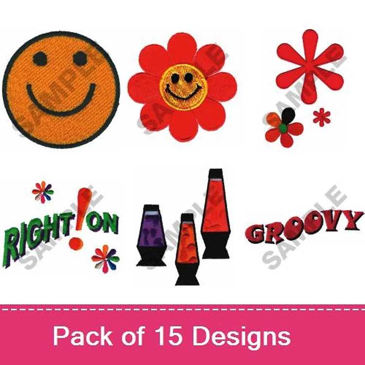Applique Groovy Themes & Symbols Embroidery Bundle – Smiley Face, Colorful Flower, Right On Text & More (15 Designs)