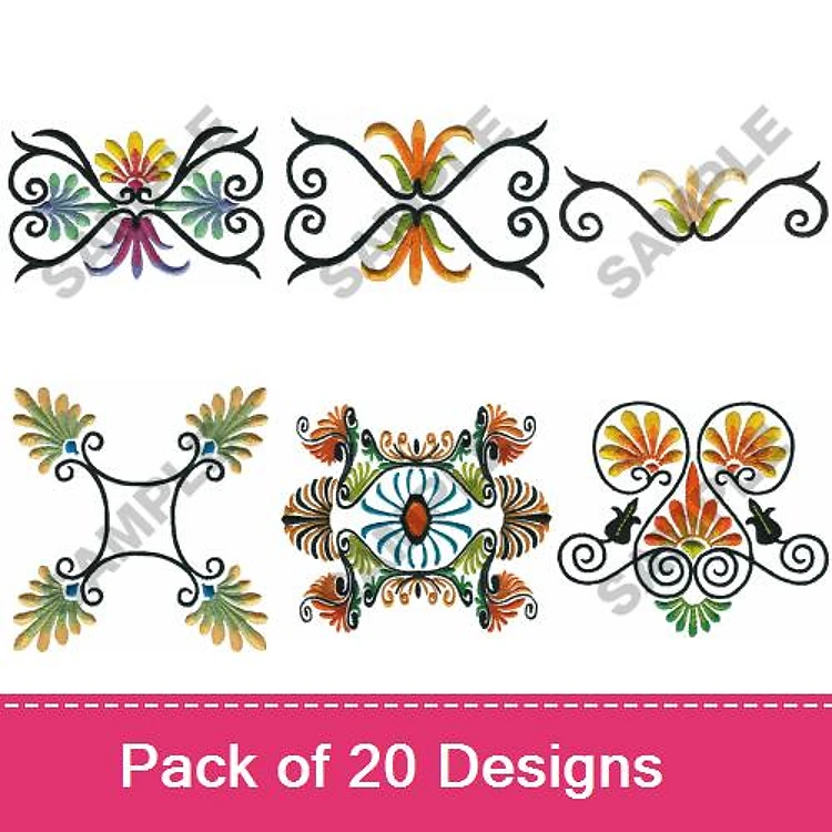 Floral Scroll Embroidery Designs Bundle – Ornate Floral, Purple & Orange Flowers, & More (20 Designs)