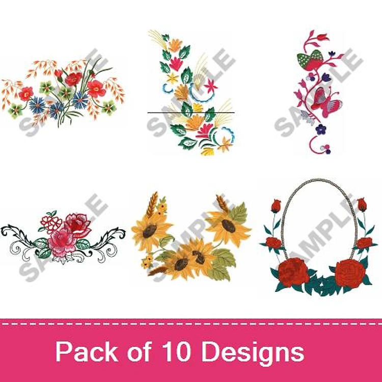 Floral Embroidery Designs Bundle – Flower Bouquet, Spiral Floral Wreath, Vine with Flowers & More (10 Designs)