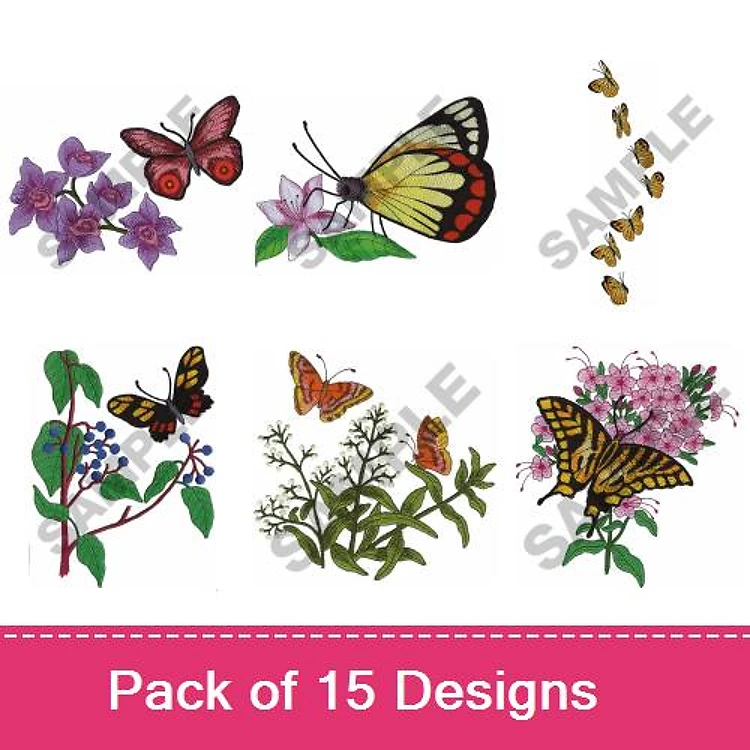 Butterflies and Flowers Embroidery Bundle – Monarch, Swallowtail, Purple Flowers & More (15 Designs)