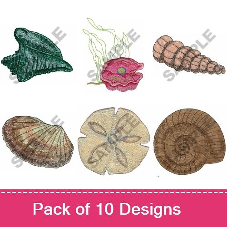 Seashells & Marine Elements Embroidery Designs Bundle – Green Seashell, Spiral Nautilus, Striped Shell & More (10 Designs)
