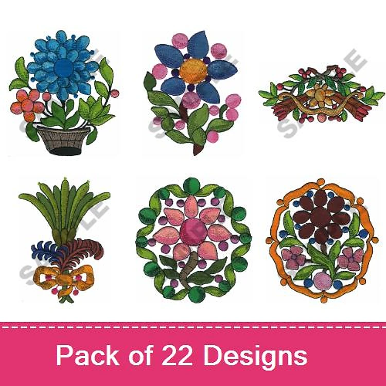 Floral Embroidery Designs Bundle – Flower Pot with Blue Flowers, Multicolor Floral Cluster, & More (22 Designs)