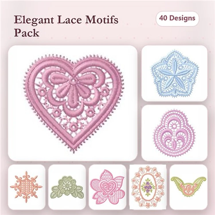 FSL Lace Motifs Embroidery Designs Bundle – Heart, Star, Floral, Ornate & More (40 Designs)