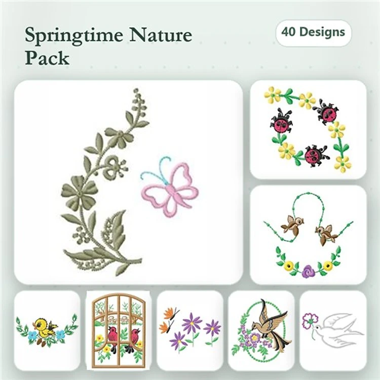 Springtime Nature Embroidery Designs Bundle – Butterfly, Floral Vine, Garden Gate & More (40 Designs)