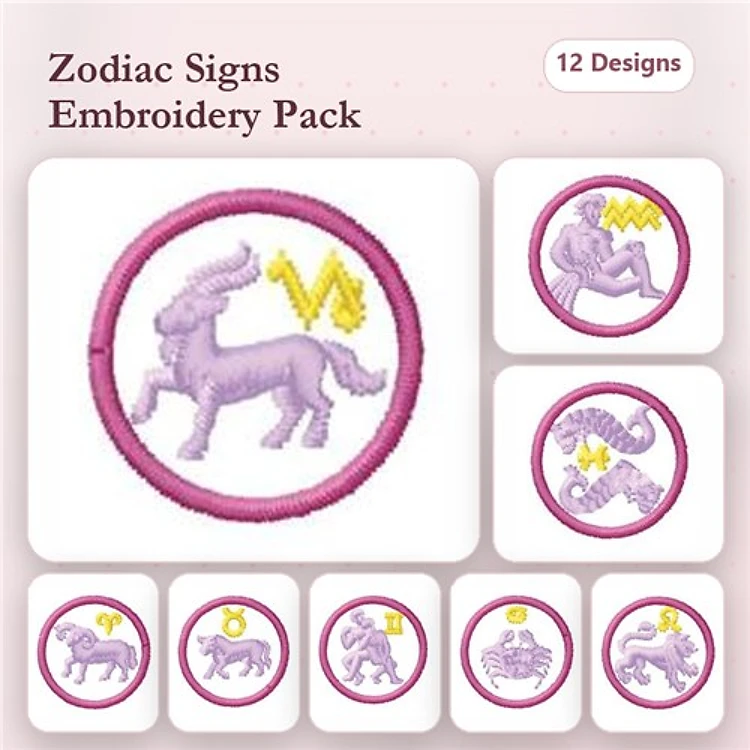 Zodiac Signs Embroidery Bundle – Aries, Taurus, Gemini & More (12 Designs)