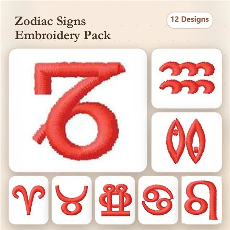 Redwork Zodiac Sign Embroidery Designs Bundle – Aries, Taurus, Gemini & More (12 Designs)