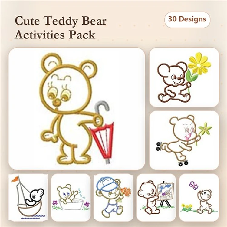 Redwork Cute Teddy Bears Embroidery Designs Bundle – Teddy Bear with Umbrella, Roller Skating, Sailing & More (30 Designs)