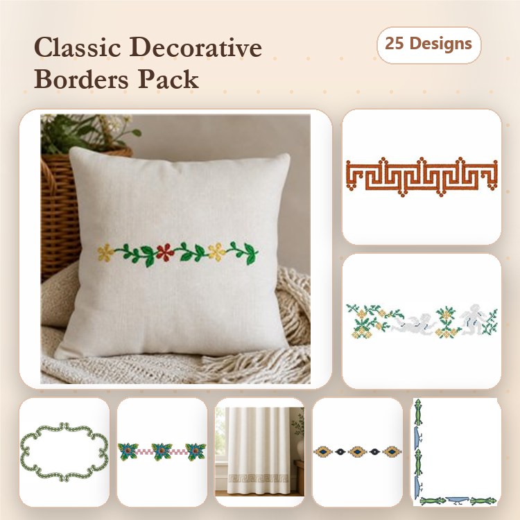 Floral & Geometric Border Embroidery Designs Bundle – Floral Border, Geometric Border, Leafy Border & More (25 Designs)